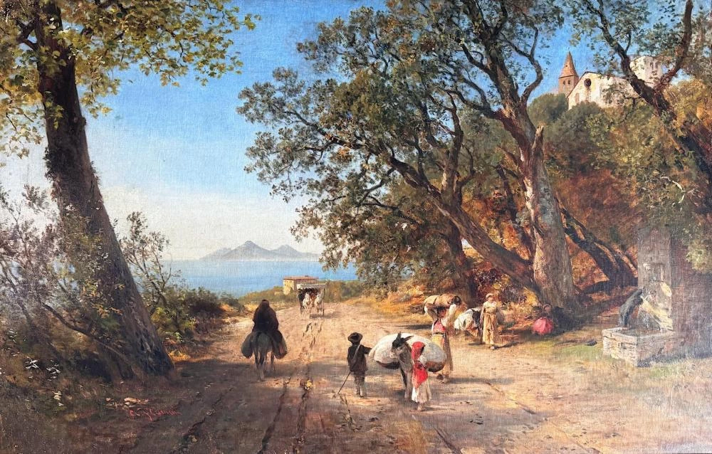 Vicino a Napoli, paesaggio italiano con figure, animali